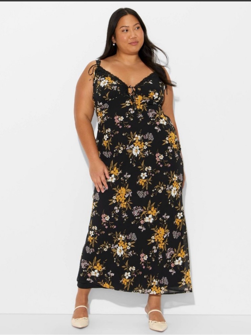 NWT Wild Fable Black Floral Lace Trim Empire Waist Maxi Dress size 1XL